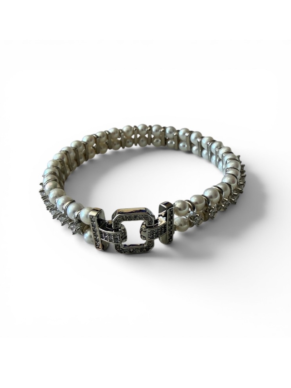 Baby Pearl CZ Bracelet | Silver Tone | Double Clasp | 7”